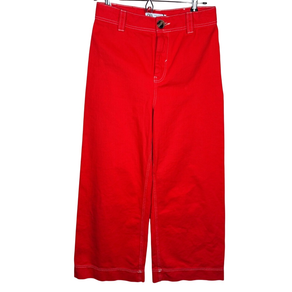 Zara Red Cropped Wide Leg Pants High Waisted Statement Trousers‎ Women's Size S